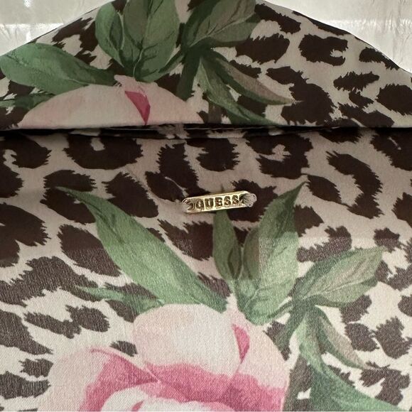 Guess M-L Brown Pink Animal Print Peony Floral Button Front Long Sleeve Blouse - Picture 9 of 13